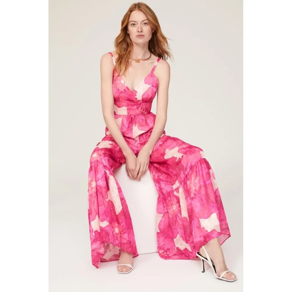 Slate & Willow Pink and Cream Floral Wide-Leg Jumpsuit.